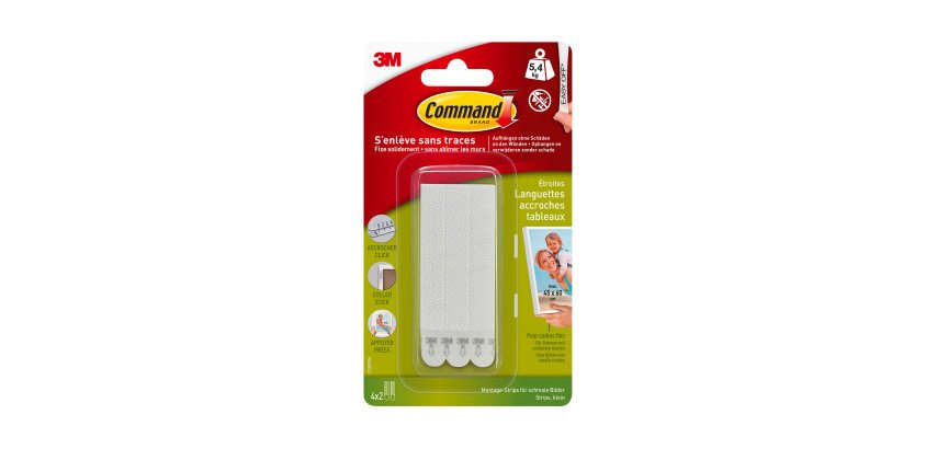 Languettes adhésives étroites Command 3M jusqu'à 5,4 kg - Blister de 4 x 2
