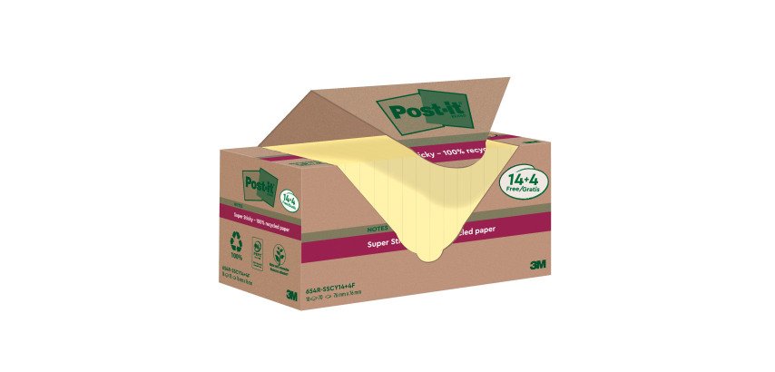 Pack de 14 notes repositionnables recyclées jaunes Super Sticky Post-it 76 x 76 mm - bloc de 70 feuilles + 4 offertes