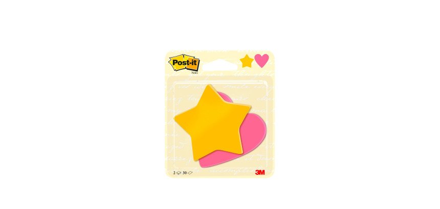 Notes repositionnables couleurs assorties Post-it Cœur et étoile - bloc de 30 feuilles - Lot de 2