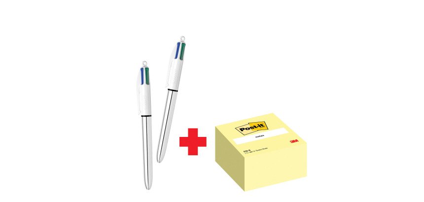 Confezione speciale 2 Penne 4 colori Shine Silver Bic e 1 cubo 76x76 mm Giallo Post it