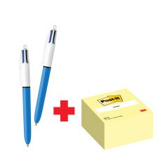 Confezione speciale 2 Penne 4 colori Original Bic e 1 cubo 76x76 mm Giallo Post it