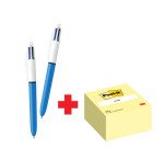 Confezione speciale 2 Penne 4 colori Original Bic e 1 cubo 76x76 mm Giallo Post it