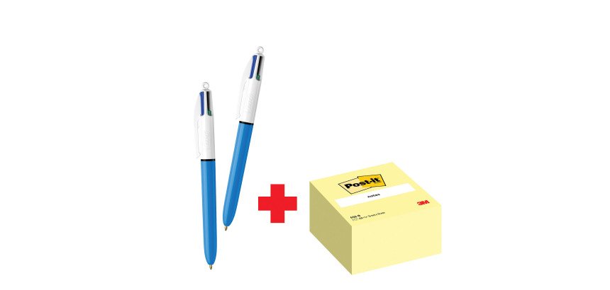 Confezione speciale 2 Penne 4 colori Original Bic e 1 cubo 76x76 mm Giallo Post it