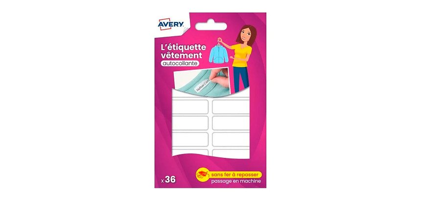 Etiquettes vêtements autocollantes Avery 45 x 13 mm - Blister de 36