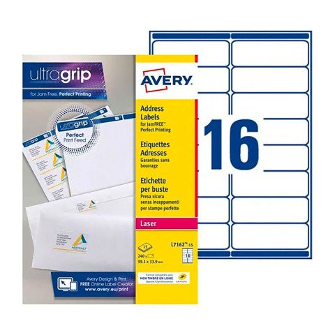 Etiquetas de dirección/envío cortadas con láser blancas Avery, 99,1 x 33,9 mm - Caja de 240