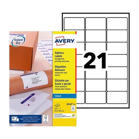 Etiquetas de dirección de inyección de tinta blancas Avery, 63,5 x 38,1 mm - Caja de 525