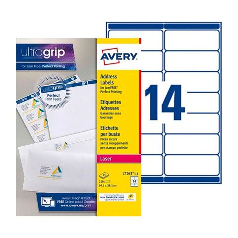 Etiquetas de dirección de envío cortadas con láser Avery blancas, 99,1 x 38,1 mm - Caja de 210