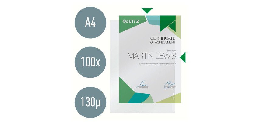 Chemise coin plastique Leitz A4 polypropylène 13/100e transparente incolore - Paquet de 100