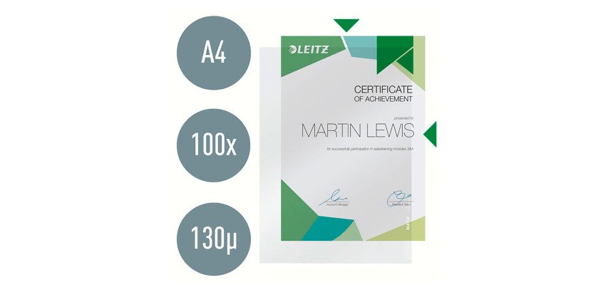 Chemise coin plastique Leitz A4 polypropylène 13/100e transparente incolore - Paquet de 100