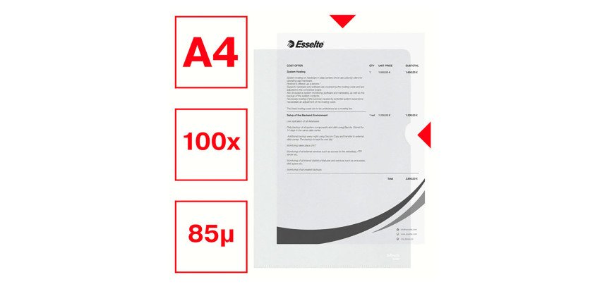 Chemise coin plastique Esselte A4 polypropylène 8/100e grainé incolore - Paquet de 100