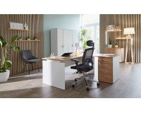 Scrivania lineare con angolare e cassettiera 3 cassetti integrati rovere struttura bianca posizionabile a destra o sinistra