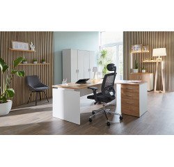 Scrivania lineare con angolare e cassettiera 3 cassetti integrati rovere struttura bianca posizionabile a destra o sinistra