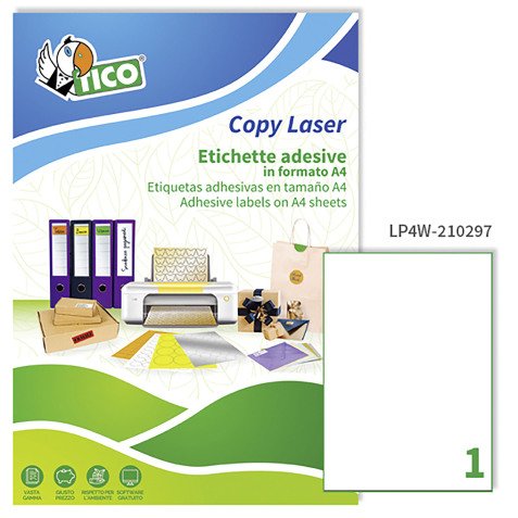 Etichette autoadesive Tico 210x297 in carta bianca 1 etich/foglio 100 etich/pacco