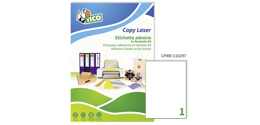 Etichette autoadesive Tico 210x297 in carta bianca 1 etich/foglio 100 etich/pacco