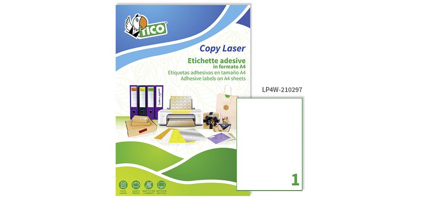 Etichette autoadesive Tico 210x297 in carta bianca 1 etich/foglio 100 etich/pacco