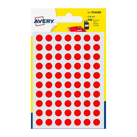 Etichette autoadesive tonde Avery rosso diam. 8 mm 70 etic/foglio 420 etich/pacco