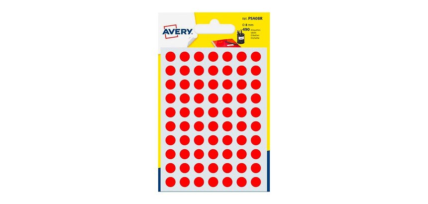 Etichette autoadesive tonde Avery rosso diam. 8 mm 70 etic/foglio 490 etich/pacco