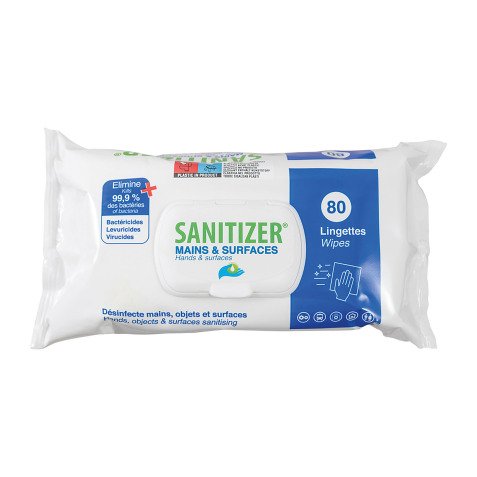 Lingettes nettoyantes désinfectantes mains et surfaces Sanitizer - Paquet de 80