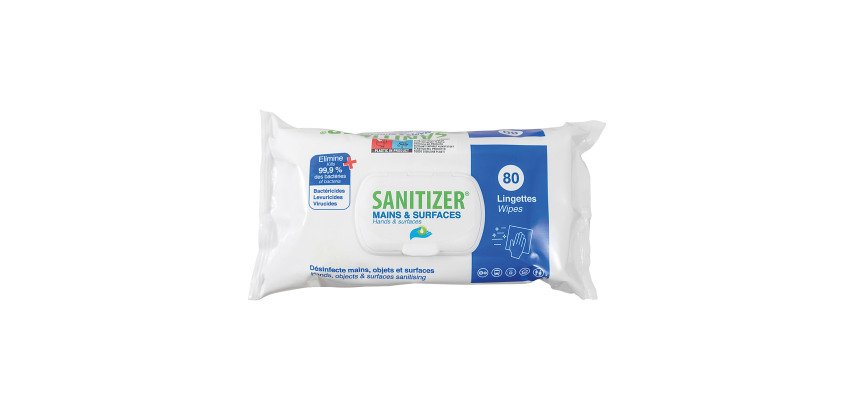 Lingettes nettoyantes désinfectantes mains et surfaces Sanitizer - Paquet de 80
