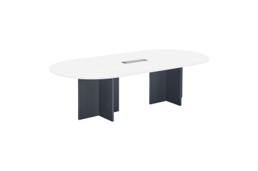 Vergadertafel moduleerbaar met uitbreiding ECLA L 260 x D 120 cm top in wit vol kruisvormig onderstel in hout