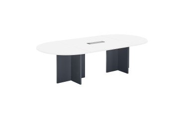 Vergadertafel moduleerbaar met uitbreiding ECLA L 260 x D 120 cm top in wit vol kruisvormig onderstel in hout