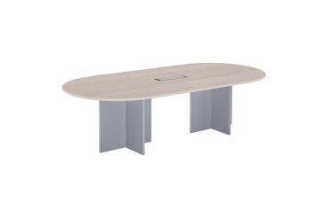 Modular conference table with extension Excellens L 260 x D 120 cm cm top in light grey and cross-shaped legs in full wood