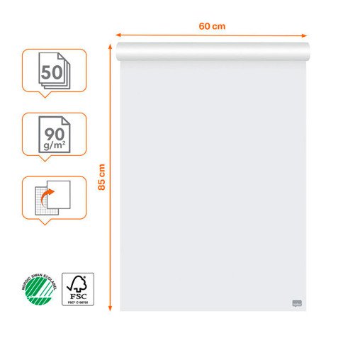 Bloc paperboard 50 feuilles blanches premium unies/quadrillées Nobo 60 x 85 cm