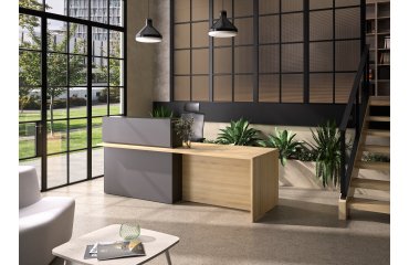 Reception desk right Well L 240 x D 85 cm with LED lighting amber oak/anthracite