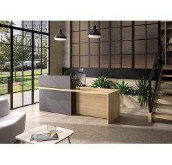 Reception desk right Well L 240 x D 85 cm with LED lighting amber oak/anthracite