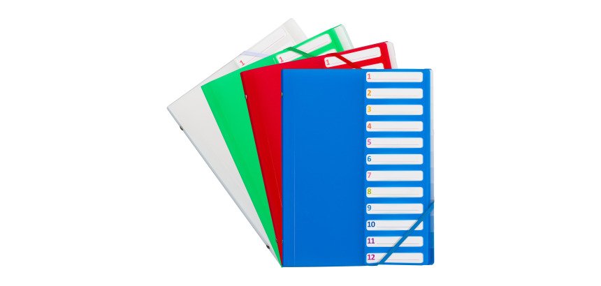 Trieur plastique Bruneau à rabats 12 divisions A4 - couleurs assorties