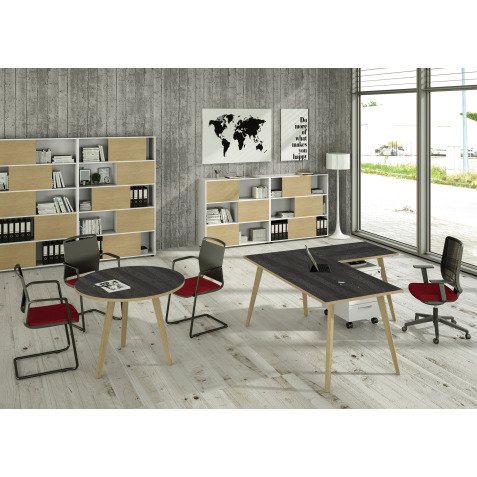 Scrivania a 4 gambe Woody 180 x 80 x 74,4 piano colore Nero Venato con bordo Rovere e gambe in Legno Massello con finitura Rovere