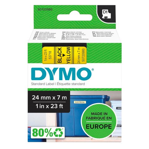 Cinta Dymo D1 Ancho 24 mm x 7 m. Escritura negra, fondo amarillo