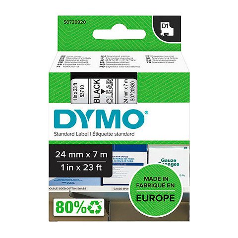 Cinta Dymo D1 Ancho 24 mm x 7 m. Escritura negra, fondo transparente