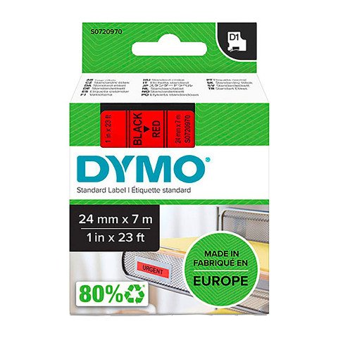 Cinta Dymo D1 Ancho 24 mm x 7 m. Escritura negra, fondo rojo