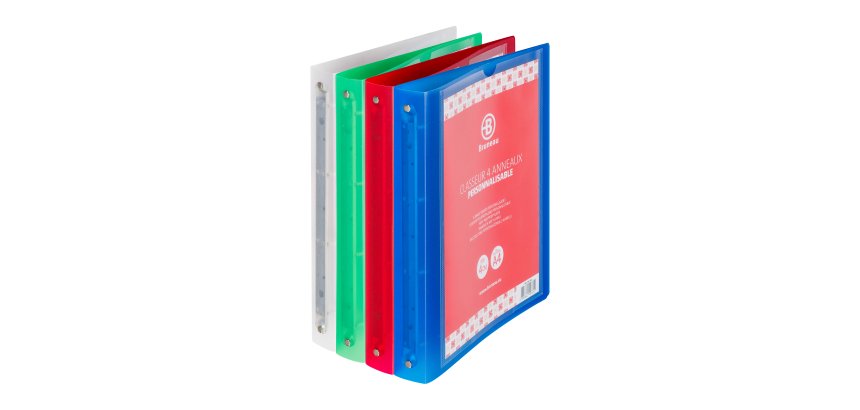 Classeur 4 anneaux plastifié Bruneau personnalisable A4 - Dos 4 cm couleurs assorties translucides