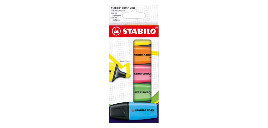 Surligneur Stabilo Boss mini couleurs assorties- Etui carton de 5
