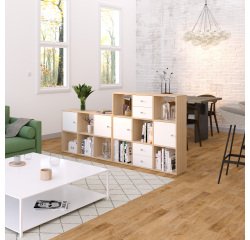 Bookcase 15 compartments Maxicube light oak + 4 white drawers + 4 white doors