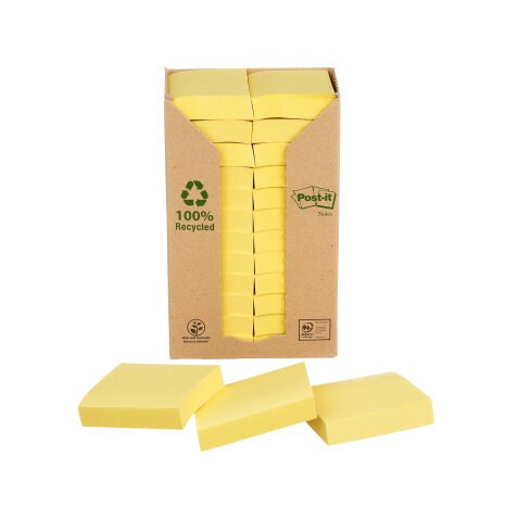 Notes repositionnables recyclées jaunes Post-it 38 x 51 mm - bloc de 100 feuilles