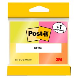 Pack 3 notes repositionnables couleurs assorties néon Post-it 38 x 51 mm- bloc de 100 feuilles + 1 offerte