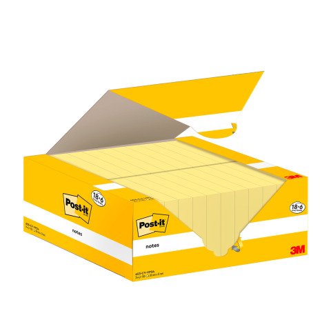 Bloc de notas adhesivas quita y pon Post-It amarillo canario 38x51 mm Pack 18 + 6 GRATIS