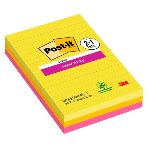 Pack 2 notes repositionnables couleurs assorties lignées Super Sticky - bloc de 75 feuilles + 1 offerte