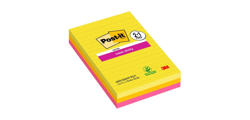 Pack 2 notes repositionnables couleurs assorties lignées Super Sticky - bloc de 75 feuilles + 1 offerte