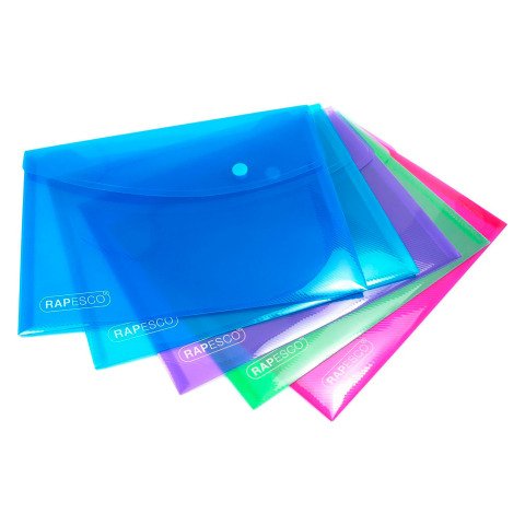 Sobre protegedocumentos cierre botón a presión Rapesco A5 18,4 x 24,4 cm colores surtidos - Paquete de 5