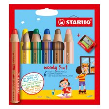 Crayon de couleur Stabilo Woody 3 en 1 couleurs assoties - Etui de 6 + 1 taille-crayons