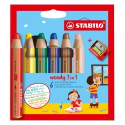 Farbstift Stabilo Woody 3 in 1, sortierte Farben - Etui mit 6 + 1 Anspitzer