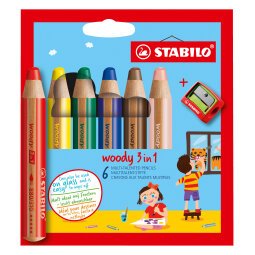 Crayon de couleur Stabilo Woody 3 en 1 couleurs assorties - Etui de 6 + 1 taille-crayons