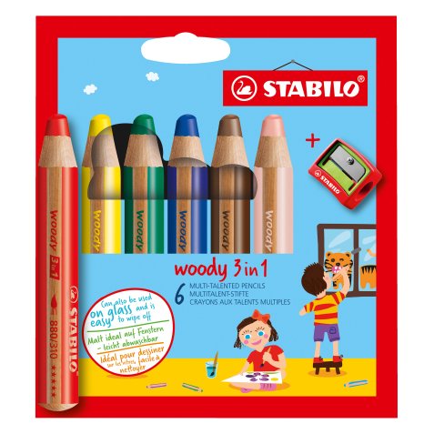 Crayon de couleur Stabilo Woody 3 en 1 couleurs assorties - Etui de 6 + 1 taille-crayons