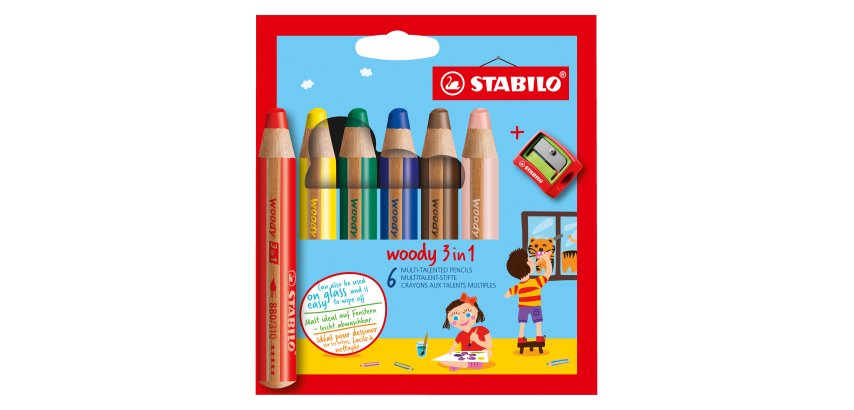 Farbstift Stabilo Woody 3 in 1, sortierte Farben - Etui mit 6 + 1 Anspitzer