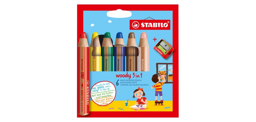 Crayon de couleur Stabilo Woody 3 en 1 couleurs assorties - Etui de 6 + 1 taille-crayons