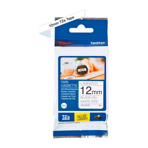 Cinta laminada negro sobre blanco TZE 231s Brother 12mm x 4m